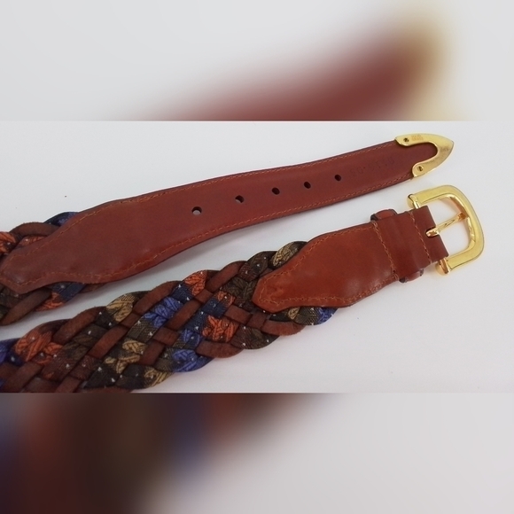 VTG Mens Brown Leather Brass Buckle & End BLUE Woven MULTICOLORED BELT sz 44 - Picture 3 of 3